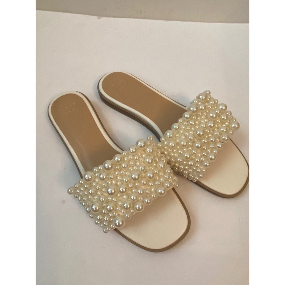A New Day Pearl Embellished Slide Sandals White Tan Flat Square Toe Sz 10 - Picture 7 of 7